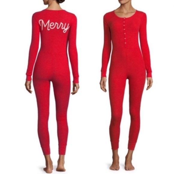 Wildfox red thermal MERRY onesie pajama or base layer M - Picture 1 of 10